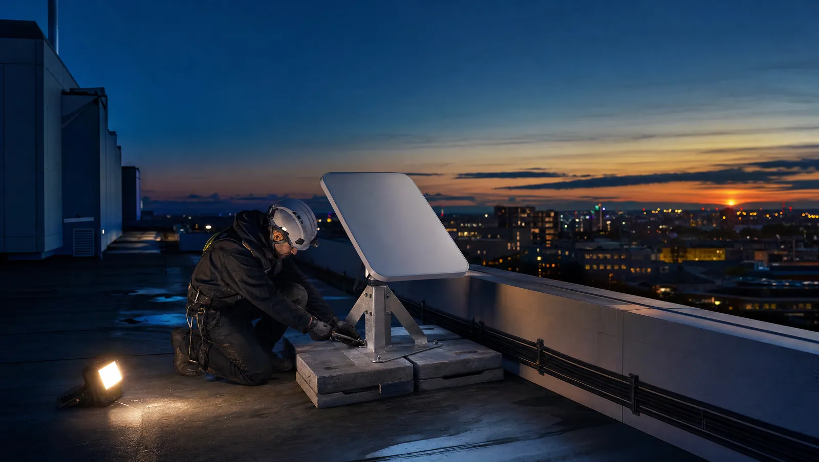 Technicien harnaché fixant une antenne satellite plate sur un support lesté en toiture terrasse, au crépuscule